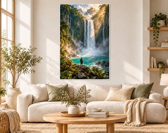 Lámina de laguna con cascada / Arte mural de selva tropical / Póster de naturaleza con cascadas