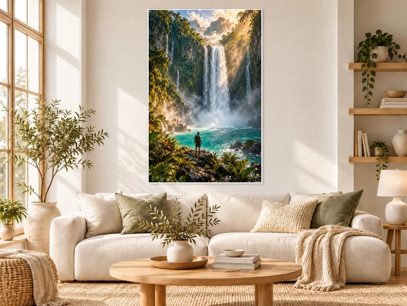 Waterfall Lagoon Print | Tropical Jungle Wall Art | Cascading Falls Nature Poster image 1