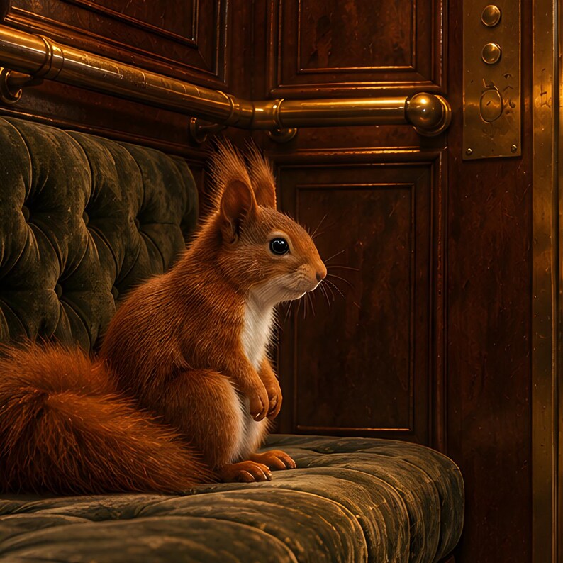 Squirrel Elevator Art Print | Warm Amber Night Wall Decor image 3