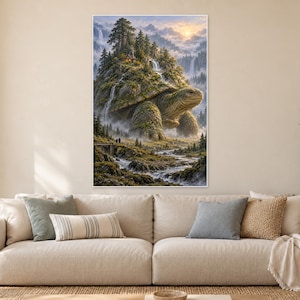 May include: A vertical wall art print depicting a giant turtle with a mountain landscape on its shell, featuring pine trees, cascading waterfalls, and a misty river valley. The scene is rendered in earthy greens, browns, and soft sunset hues.