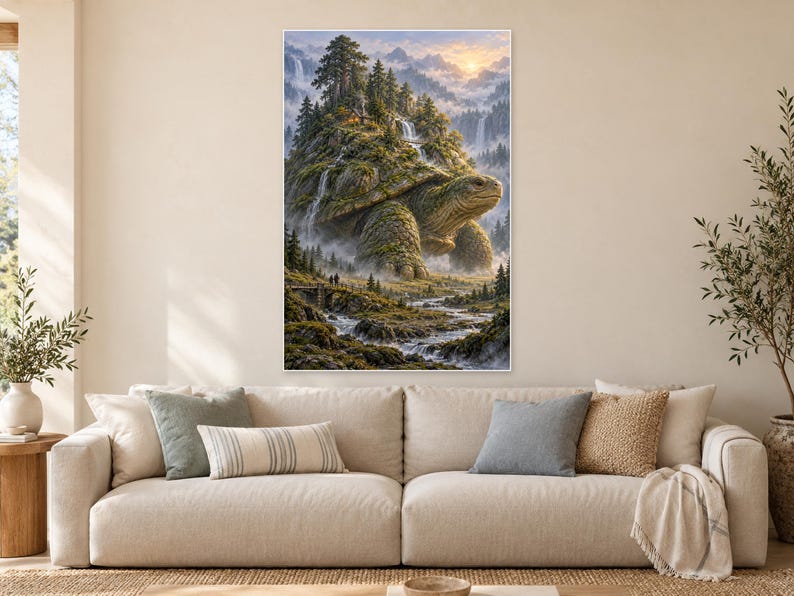 May include: A vertical wall art print depicting a giant turtle with a mountain landscape on its shell, featuring pine trees, cascading waterfalls, and a misty river valley. The scene is rendered in earthy greens, browns, and soft sunset hues.