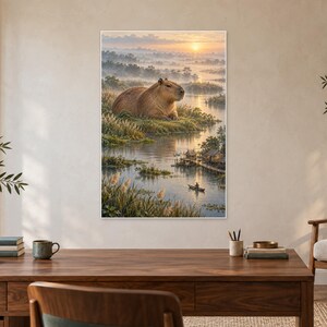 Impressão artística de capivara | Decoração de parede fantástica de uma aldeia pantanosa e pacífica imagem 2