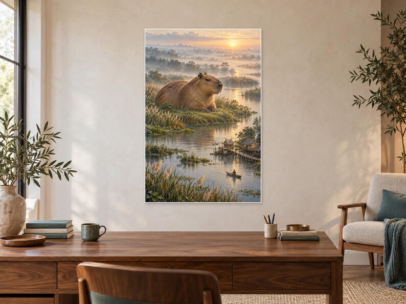 Impressão artística de capivara | Decoração de parede fantástica de uma aldeia pantanosa e pacífica imagem 2