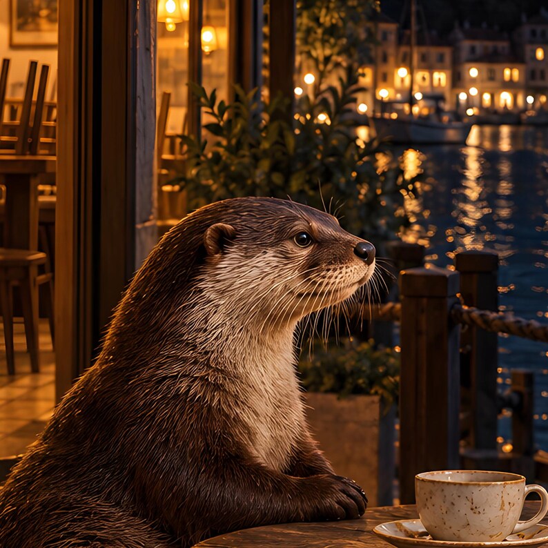 Kunstdruck „Otter Café“ | Wanddekoration für Kaffeeliebhaber bei Nacht am Wasser Bild 3