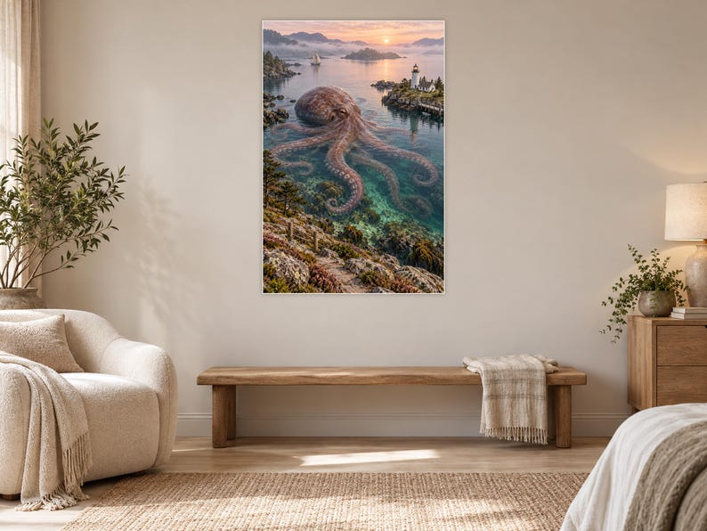 Octopus Art Print | Coastal Lighthouse Fantasy Wall Decor image 5