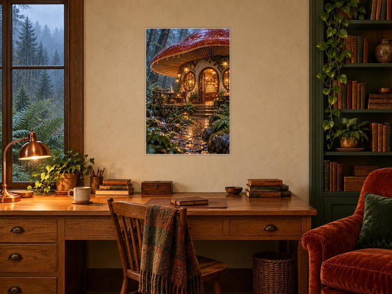 Kunstdruck „Mushroom Cafe“ | Wanddeko im Cottagecore-Stil mit regnerischem Waldmotiv Bild 2