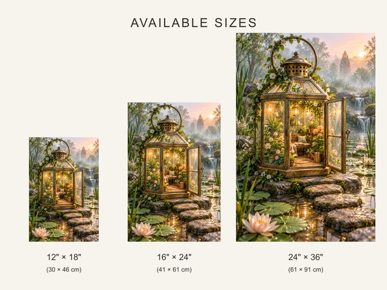 Lámina artística de invernadero con farol / Decoración de pared para estanque de jardín botánico imagen 4