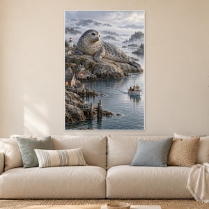 May include: A vertical wall art print featuring a large spotted seal resting on a rocky coastal cliff above a small harbor village with a lighthouse and a fishing boat on the water, set against a backdrop of misty mountains and a cloudy sky.