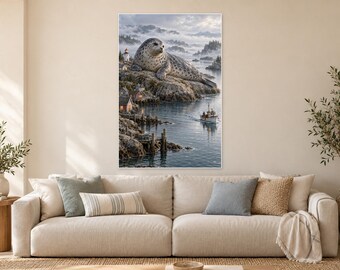 Harbour Seal Art Print | Misty Coastal Village Fantasy Wall Decor