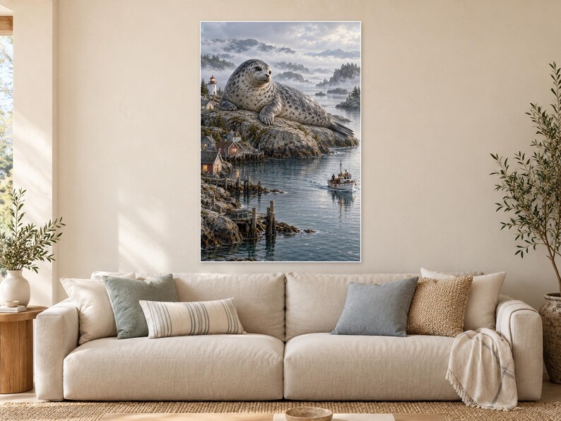 May include: A vertical wall art print featuring a large spotted seal resting on a rocky coastal cliff above a small harbor village with a lighthouse and a fishing boat on the water, set against a backdrop of misty mountains and a cloudy sky.