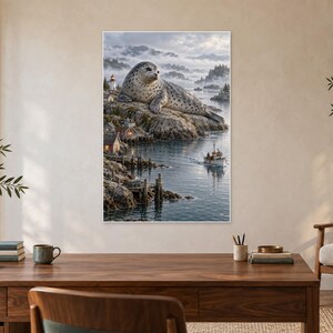 May include: A vertical wall art print featuring a large, spotted seal resting on a rocky coastal cliff. Below the cliff, a small fishing boat navigates calm waters near a village with lit houses and a lighthouse under a misty, cloudy sky.