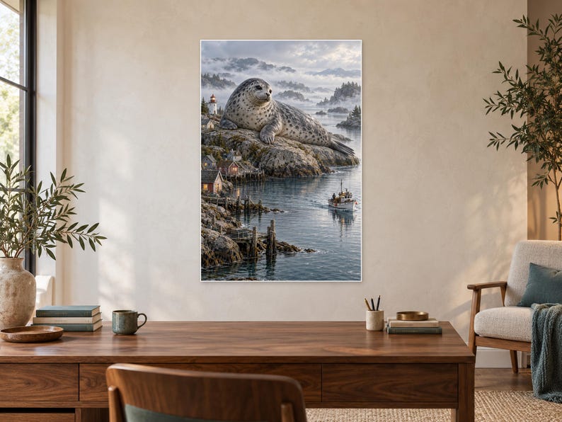 May include: A vertical wall art print featuring a large, spotted seal resting on a rocky coastal cliff. Below the cliff, a small fishing boat navigates calm waters near a village with lit houses and a lighthouse under a misty, cloudy sky.