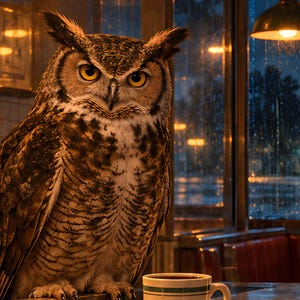 May include: A great horned owl with brown, black, and white mottled feathers and bright yellow eyes perched next to a white ceramic coffee mug with a thin green stripe, set against a dark, rainy window background with warm interior lighting.