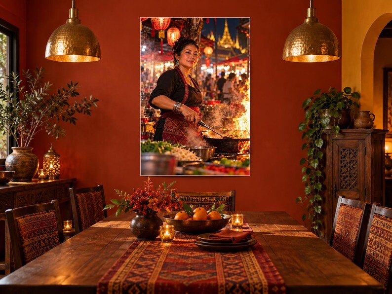 Lámina del Mercado Nocturno de Bangkok / Arte mural de comida callejera tailandesa / Póster con retrato nocturno cinematográfico imagen 2