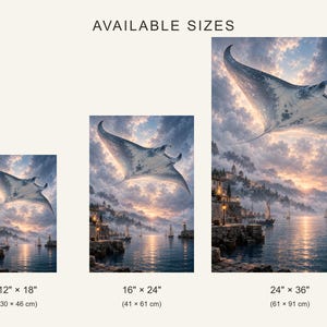 Flying Manta Ray Art Print | Dreamlike Coastal Harbour Wall Decor image 4