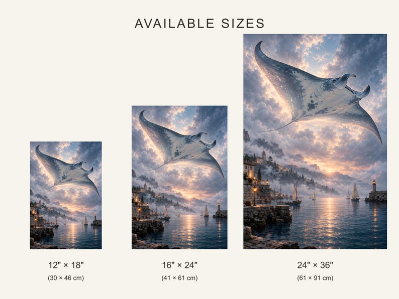 Flying Manta Ray Art Print | Dreamlike Coastal Harbour Wall Decor image 4