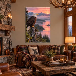 May include: A rectangular wall art print featuring a bald eagle perched on a tree stump overlooking a lake at sunset, with snow-capped mountains in the distance. The scene displays soft pink and orange hues across the sky and water.