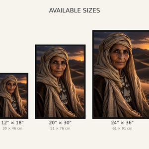 Framed Desert Nomad Woman Portrait Print | Bohemian Tribal Wall Art | Cinematic Character Poster image 3