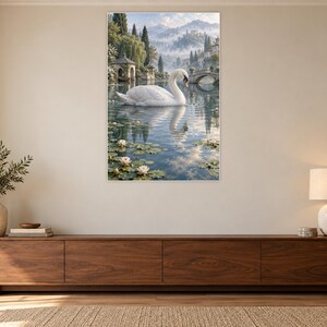 White Swan Art Print | Water Garden Fantasy Wall Decor bild 3