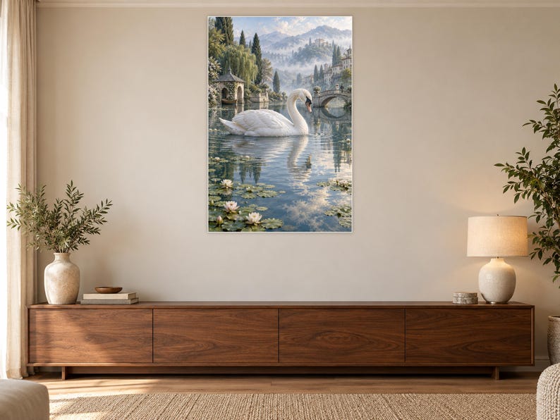 White Swan Art Print | Water Garden Fantasy Wall Decor bild 3