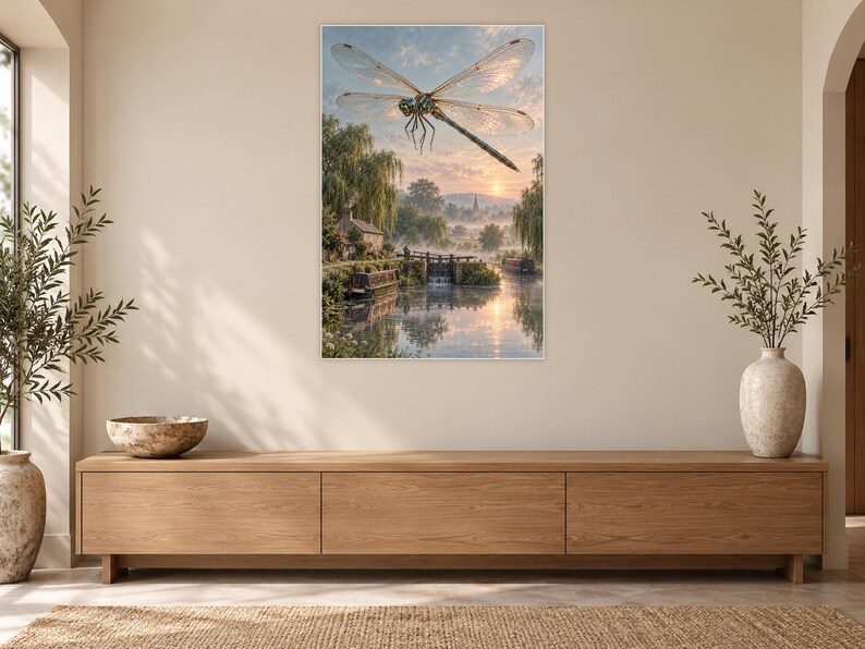 Dragonfly Art Print | Misty Canal Fantasy Wall Decor immagine 12