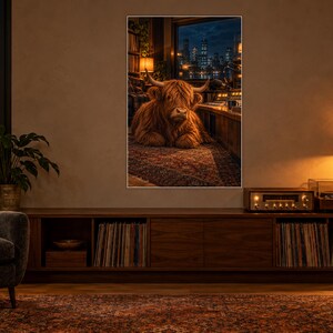 Lámina artística de vaca de las Tierras Altas con forma de radio / Decoración de pared para una acogedora sala de música nocturna imagen 2