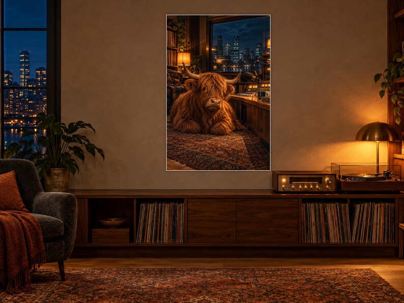 Lámina artística de vaca de las Tierras Altas con forma de radio / Decoración de pared para una acogedora sala de música nocturna imagen 2