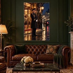 Pôster do Porteiro do Grand Hotel | Arte de Parede para o Hall de Entrada Noturno | Retrato Cinematográfico imagem 1