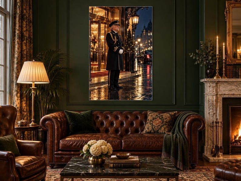 Pôster do Porteiro do Grand Hotel | Arte de Parede para o Hall de Entrada Noturno | Retrato Cinematográfico imagem 1