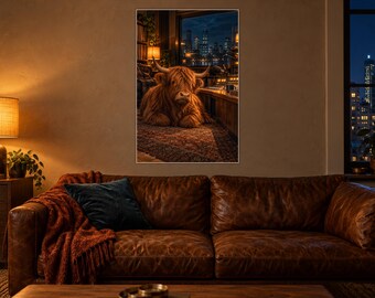 Highland Cow Radio Art Print | Cozy Music Room Night Wall Decor