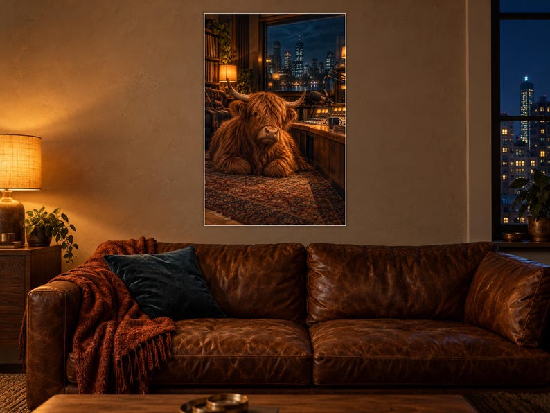Lámina artística de vaca de las Tierras Altas con forma de radio / Decoración de pared para una acogedora sala de música nocturna imagen 1