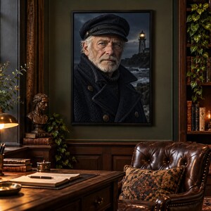 Framed Lighthouse Keeper Portrait Print | Moody Nautical Wall Art | Cinematic Coastal Character Poster bild 1