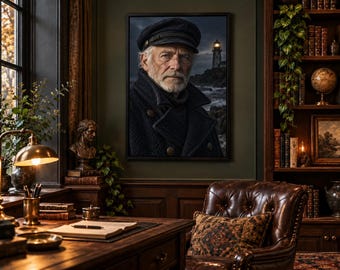 Framed Lighthouse Keeper Portrait Print | Moody Nautical Wall Art | Cinematic Coastal Character Poster