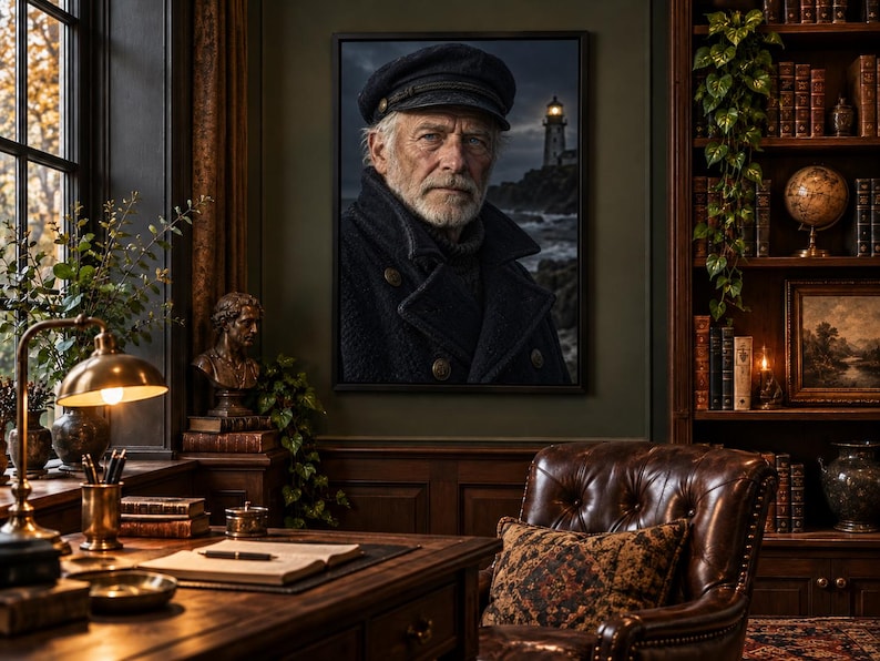 Framed Lighthouse Keeper Portrait Print | Moody Nautical Wall Art | Cinematic Coastal Character Poster bild 1