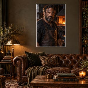 Blacksmith Portrait Print | Moody Artisan Character Wall Art | Rustic Forge Fine Art Poster image 1