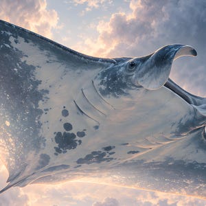 Flying Manta Ray Art Print | Dreamlike Coastal Harbour Wall Decor image 3