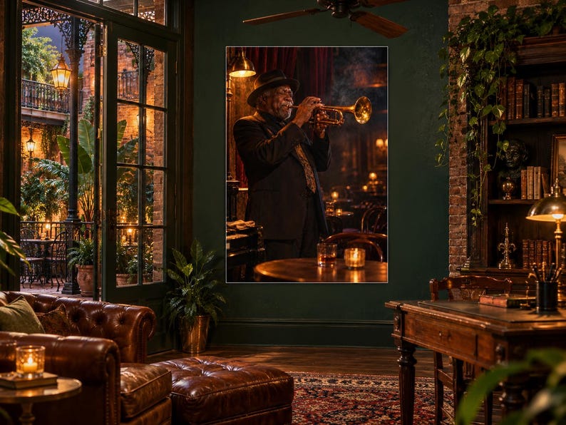 Jazz Trumpeter Print | New Orleans Night Portrait Wall Art | Cinematic Music Poster image 2