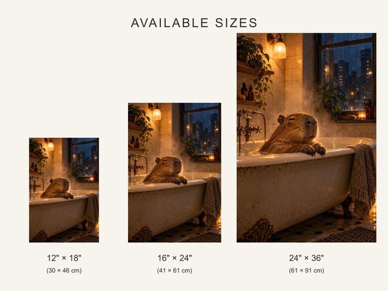 Capybara Bath Art Print | Cozy Amber Bathroom Wall Decor image 4
