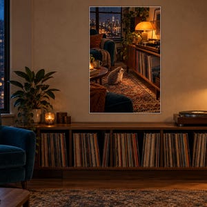 以下が含まれることがあります： 夜の居心地の良いリビングルームを描いた額装されたウォールアートプリント。パターン柄のラグの上に座るハリネズミ、レコードが詰まった木製のメディアコンソール、温かみのあるテーブルランプ、そして窓の外に広がる都市のスカイラインが写し出されています。