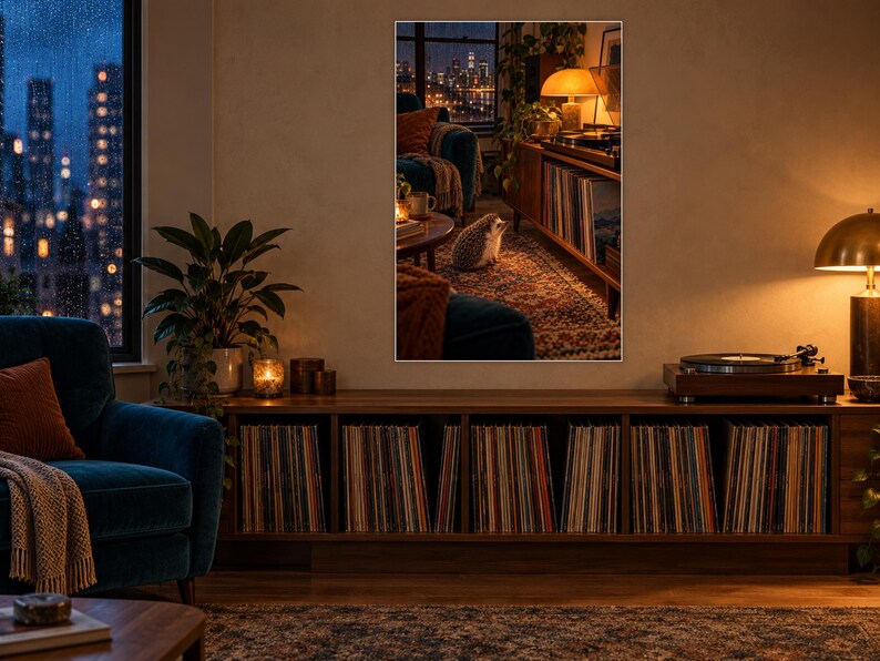 以下が含まれることがあります： 夜の居心地の良いリビングルームを描いた額装されたウォールアートプリント。パターン柄のラグの上に座るハリネズミ、レコードが詰まった木製のメディアコンソール、温かみのあるテーブルランプ、そして窓の外に広がる都市のスカイラインが写し出されています。