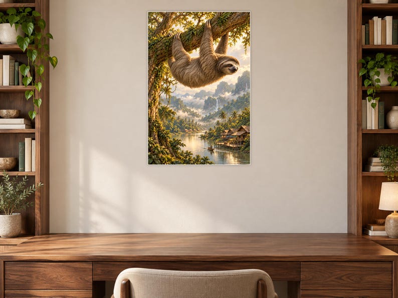 Sloth Art Print | Tropical River Village Fantasy Wall Decor image 7