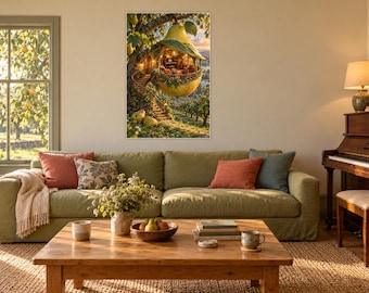 Kunstprint met perenboom en muziekthema voor de kamer | Speelse wanddecoratie met boomgaardthema