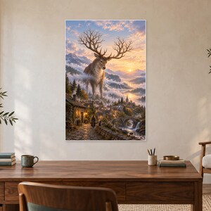 Lámina artística de ciervo gigante / Decoración de pared de fantasía de pueblo de montaña imagen 2