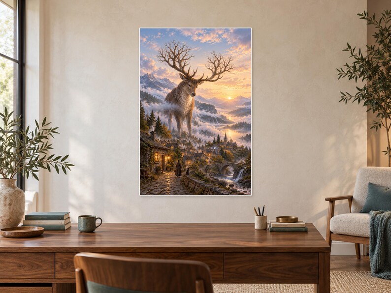 Lámina artística de ciervo gigante / Decoración de pared de fantasía de pueblo de montaña imagen 2