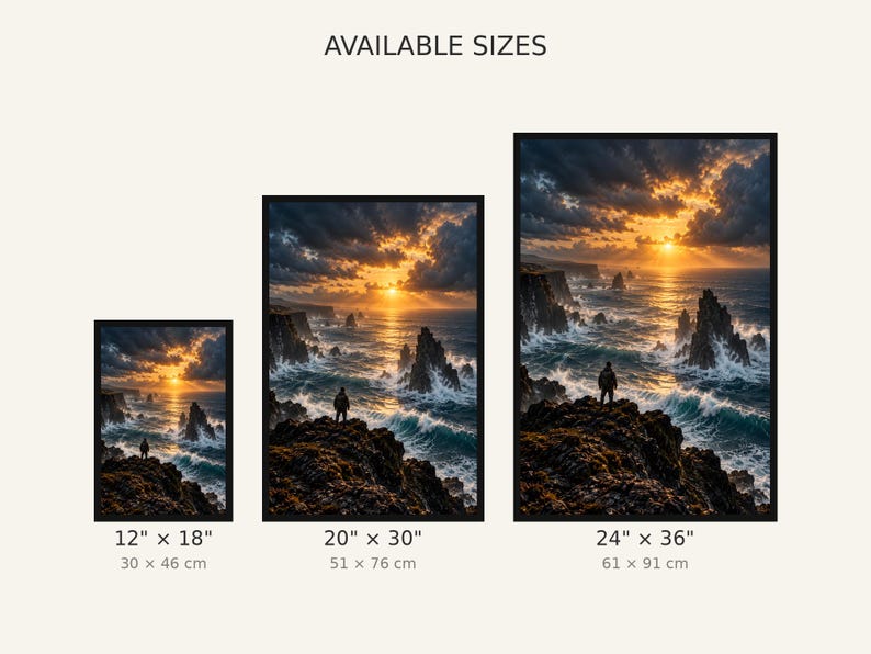 Framed Volcanic Coast Sunset Print | Dramatic Ocean Seascape Poster | Epic Wanderlust Wall Art image 3