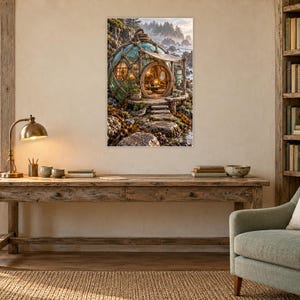 May include: A rectangular wall art print featuring a spherical glass dwelling nestled on a rocky coastline. The structure has a circular wooden door, warm interior lighting, and a small porch, set against a backdrop of misty cliffs and ocean.
