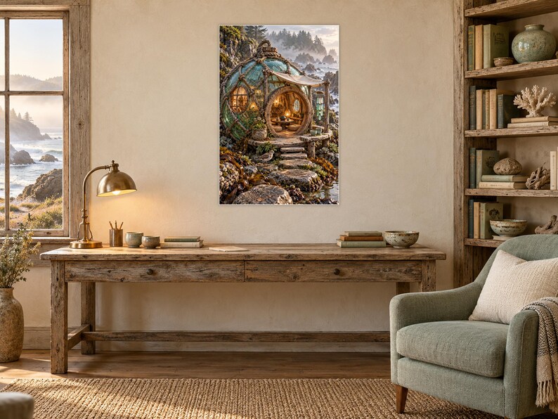 May include: A rectangular wall art print featuring a spherical glass dwelling nestled on a rocky coastline. The structure has a circular wooden door, warm interior lighting, and a small porch, set against a backdrop of misty cliffs and ocean.
