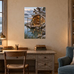 Kunstprint van een bibliotheek met drijfhout | Muurdecoratie voor een leeshoekje aan het mistige meer afbeelding 2