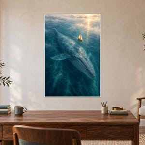 Pode incluir: Uma impress&atilde;o de arte de parede vertical apresentando uma grande baleia azul nadando em &aacute;guas oce&acirc;nicas profundas perto de um pequeno veleiro. A cena &eacute; iluminada por uma luz suave de p&ocirc;r do sol dourado, com n&eacute;voa sobre o mar azul escuro.
