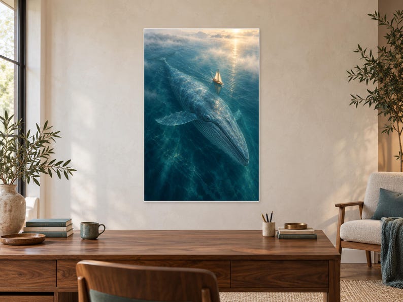Pode incluir: Uma impress&atilde;o de arte de parede vertical apresentando uma grande baleia azul nadando em &aacute;guas oce&acirc;nicas profundas perto de um pequeno veleiro. A cena &eacute; iluminada por uma luz suave de p&ocirc;r do sol dourado, com n&eacute;voa sobre o mar azul escuro.